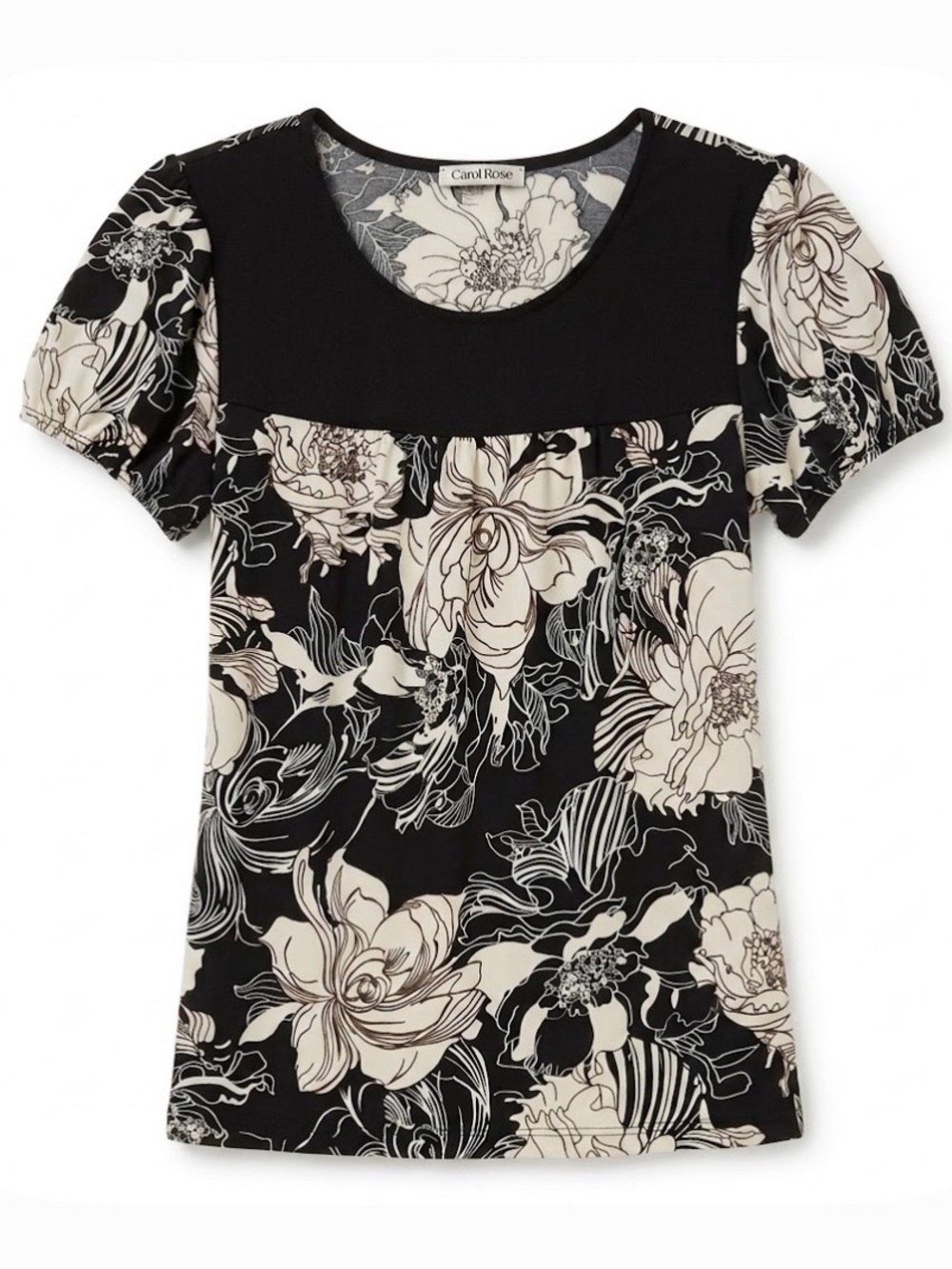 CAROL ROSE Floral Print Pullover Top, Women’s M, Black White Brown